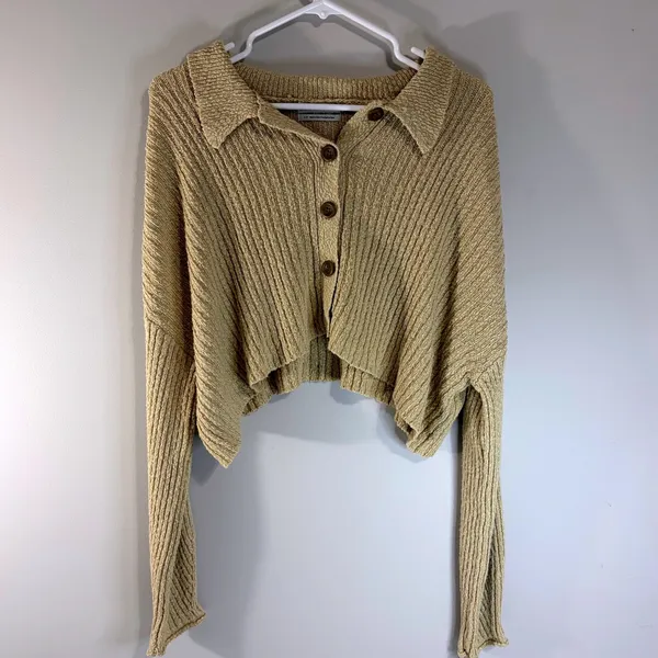 Urban Outfitters Oversized Cropped Cardigan Tan‎ Beige Ribbed Knit Sweater Small - Image 2