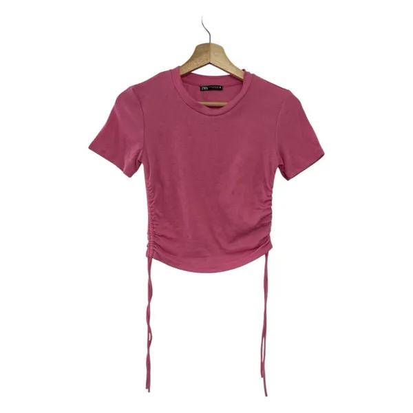 Zara Pink Ribbed Knit Crop Top Medium Ruched Y2K Streetwear coquette girl fest - Image 4