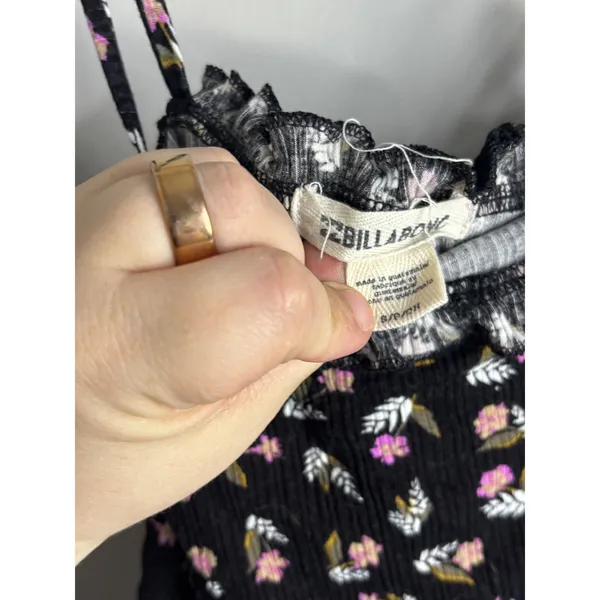 Billabong Floral Cami Top Womens Small Black Ribbed Ruffle‎ Tie Strap Peplum - Image 3