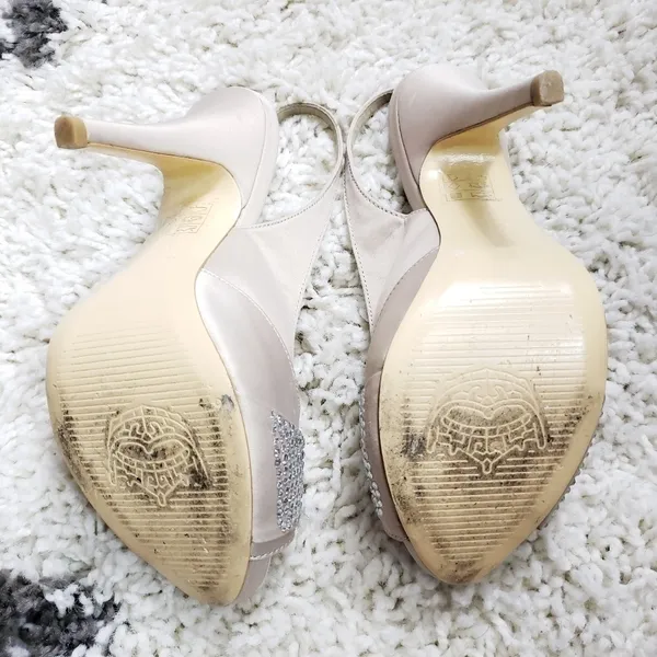 Miss America Champagne Satin Rhinestone Knot Slingback Peep Toe Heels Size 7M - Image 7