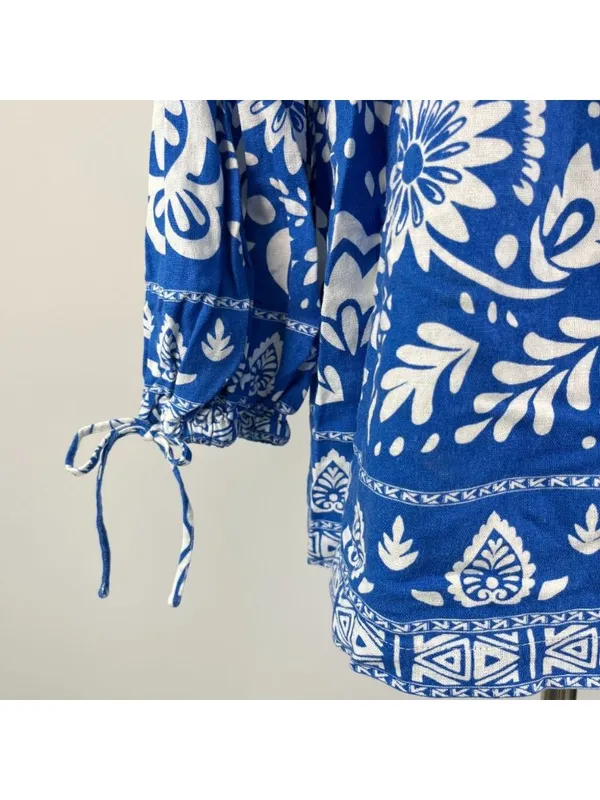NWOT John Mark Linen Blend Floral Smocked Sleeves Top Blouse Shirt Blue Size M - Image 9
