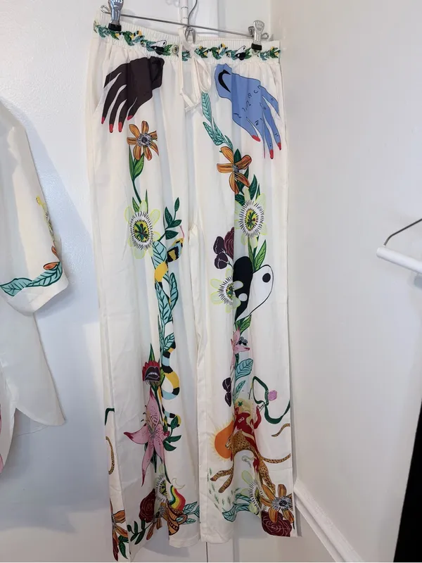 Tropical 2 Piece Set M Shirt Pants Drawstring Wide Leg NWOT - Image 3