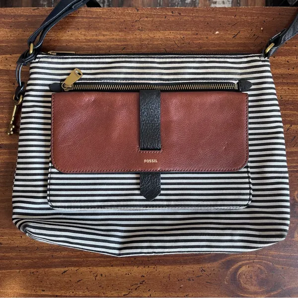 FOSSIL Black White Striped Leather Textile Crossbody Purse - Image 2