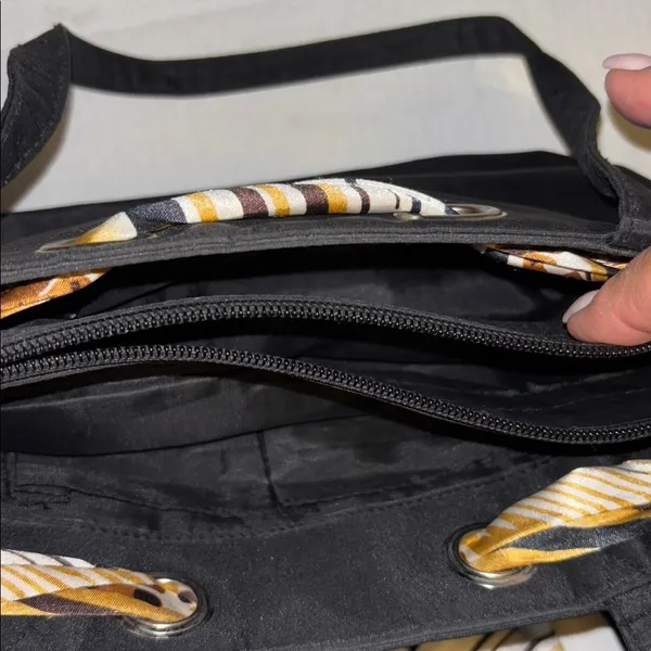 Black Nylon Tote/Shoulder Bag Tie Interwoven Thru Bag 3 Compartments One Zipper - Image 10