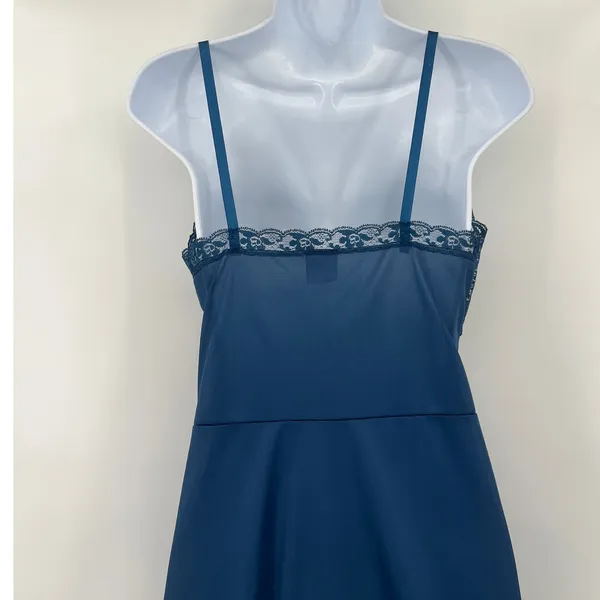 Vtg Val Mode Y2K Slip Dress Sz 32 Coquette Lace Midi Bow 90 Sheer USA Satin Blue - Image 7