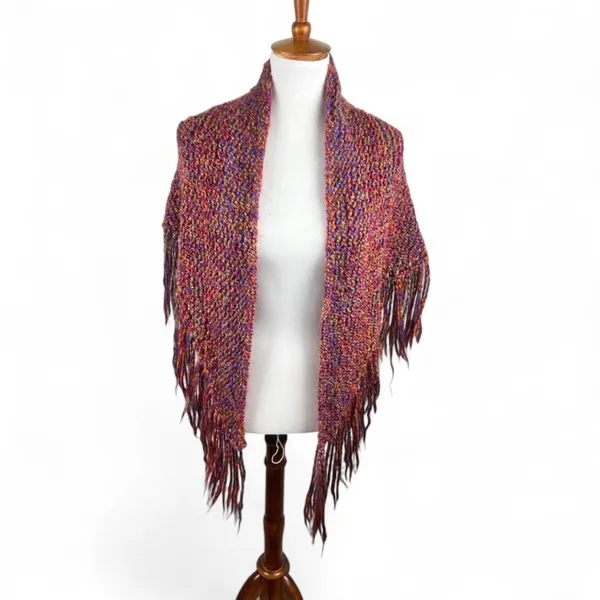 Handmade Hand Knit Triangle Fringe Shawl Wrap Multi Color Boho One Size - Image 2