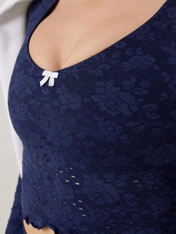 OFFLINE by Aerie Treat Yourself Navy Floral Eyelet Lace Crop Long Sleeve Top M - Image 3