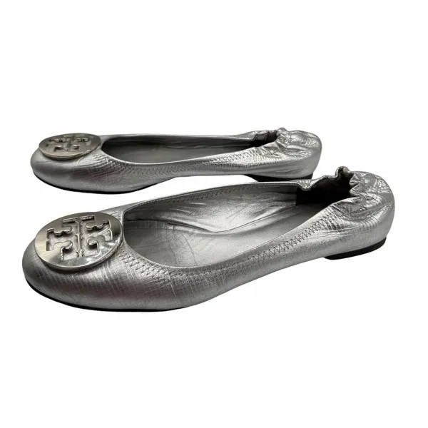 Tory Burch Reva Flats Silver Metallic‎ Leather Logo Medallion Shoes Size 10 Y2K - Image 2