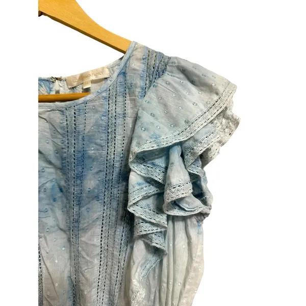 Cottagecore Boho LoveShackFancy Cotton Tie Dye Lace Ruffle Mini‎ Dress Blue XS - Image 3