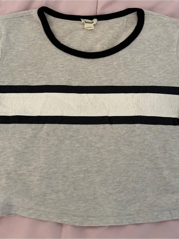 Garage Y2K Light Gray Crop Top with Black Trim and White Stripe, size S Petite - Image 9