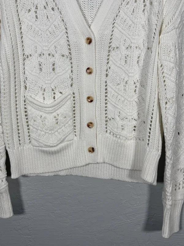 Sundance Women M White Hand Knit Cardigan Sweater 100% Cotton Cable Knit Pockets - Image 2