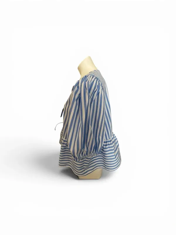 Blue and White Striped Puff-Sleeve Tie-Front Peplum Blouse - Image 3