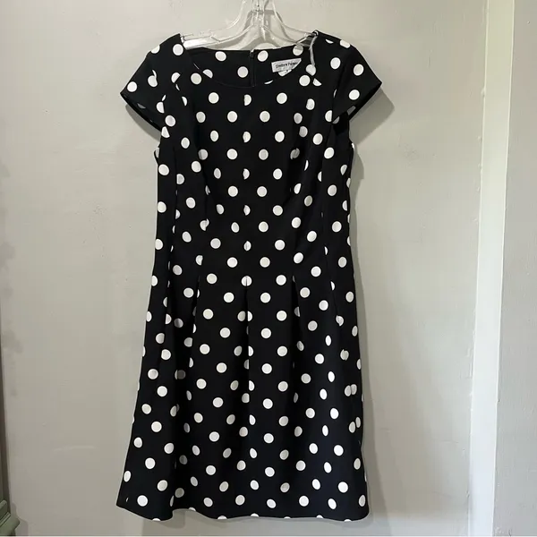 Shelby Palmer Retro Mod Polka Dot Black White‎ Pleated Shift Dress Size 8 - Image 2