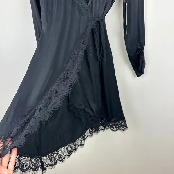Anthropologie Lace Trimmed Wrap Dress Viscose Satin Long Sleeve Black XS NWT - Image 11