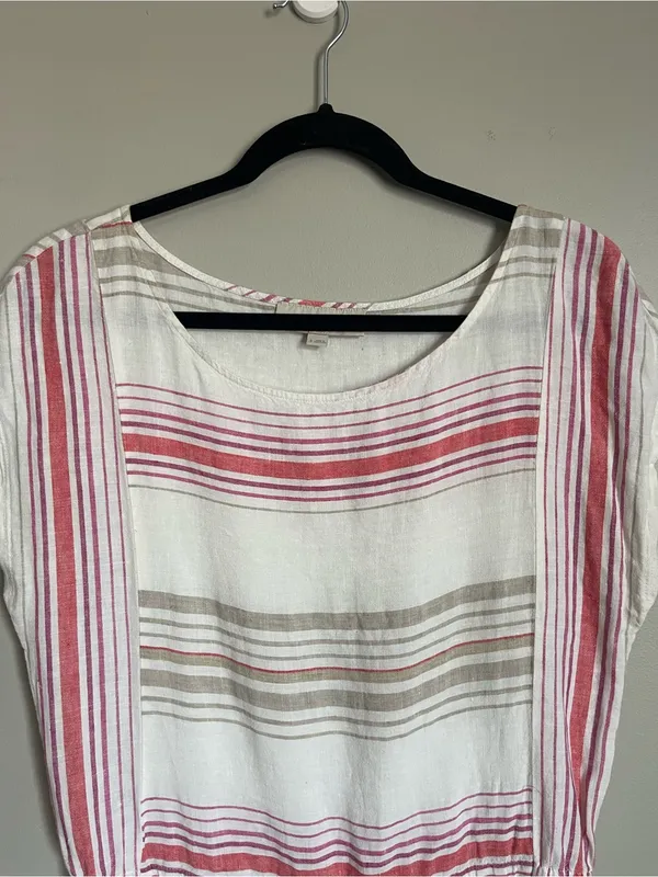 LOFT | White Striped 100% Linen Drawstring Waist Mini Dress Sz S - Image 3