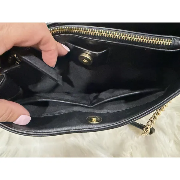 Nine West Brown Monogram Crossbody Shoulder Bag Purse Gold Chain Black Logo - Image 11