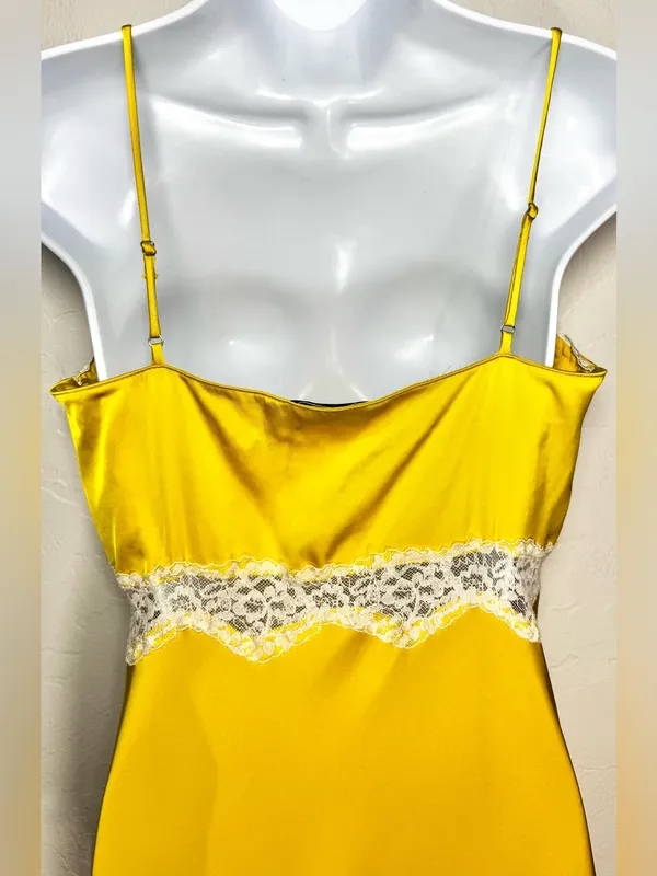 Zara Yellow Satin Finish Slip Dress with White Lace Trim Size Small - Image 8