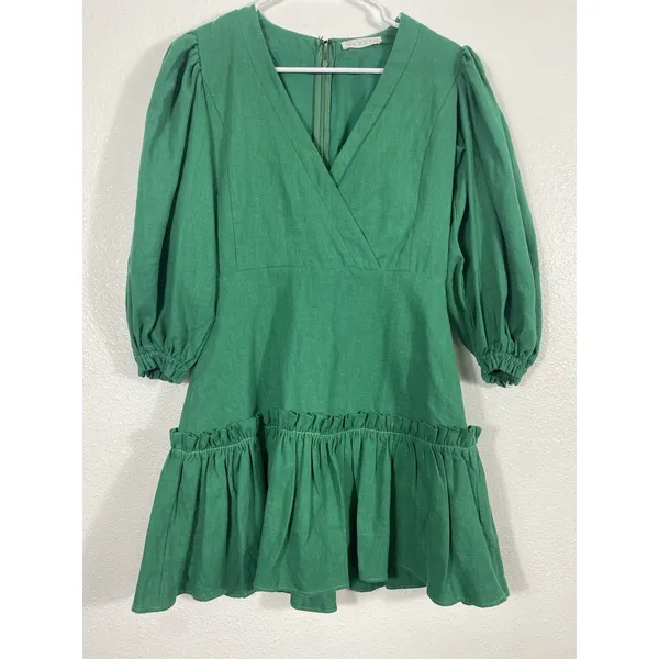 Karlie Emerald V-Neck Ruffle Mini Dress Size S 90% Ramie 10% Cotton 100% Rayón - Image 3