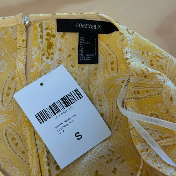 Forever 21 Yellow Paisley Ruffle Mini Dress Long Sleeve Smocked Cuffs Size Small - Image 6