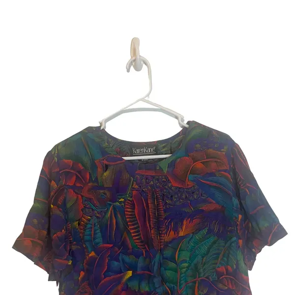 Karen Kane Vintage 90 Women Medium Dark Purple Tropical‎ Floral Blouse - Image 2