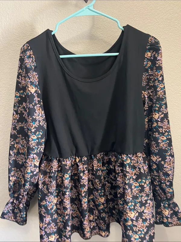 SHEIN Black Floral Peplum Tunic with Pink & Teal Accents - Image 3