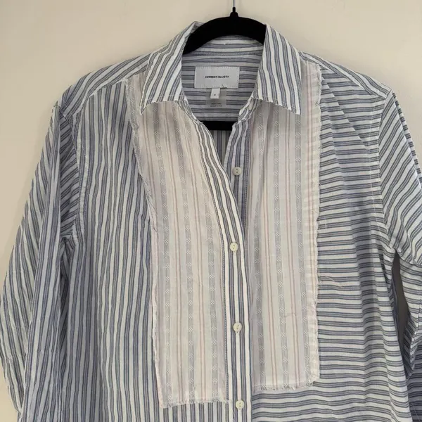 Current/Elliott Rosie Blue Striped Hi-Lo Button-Down Shirt Bib Detail Size 1 Sm - Image 3