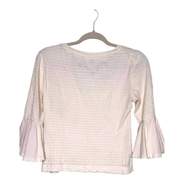 Anthropologie Cream Scoop Neck Smocked Bell Sleeve Blouse XS - Image 5