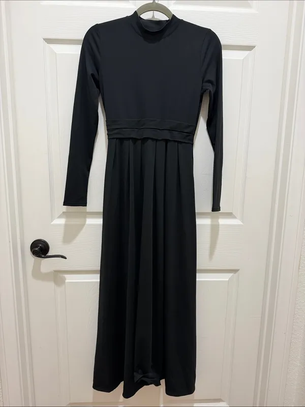 HALARA Black Mock Neck Long-Sleeve Flare Maxi Dress Pocket & Waist Detail XS - Image 5
