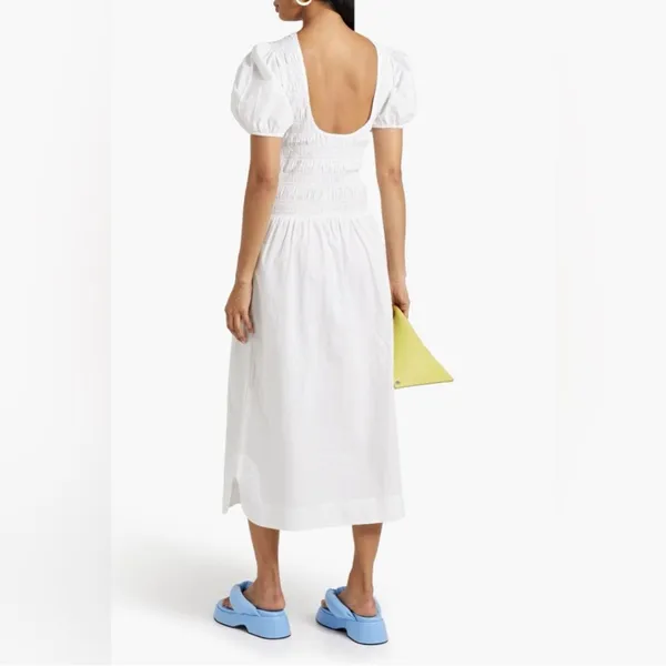 Ganni Smocked Poplin Midi‎ Dress in White Organic Cotton - Image 3