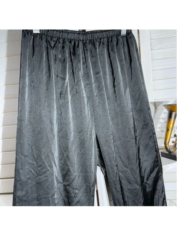 Vintage Y2K black satin pants faux fur ankles wide leg elastic waist whimsigoth - Image 4