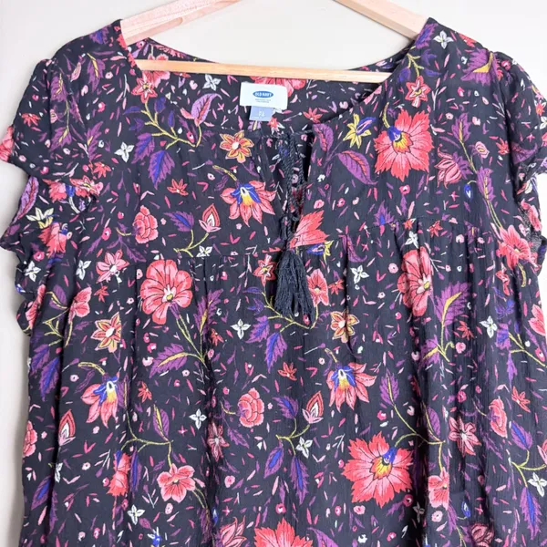 Old Navy Blouse Women Plus XL Black Floral Babydoll Office Cottagecore Whimsical - Image 2