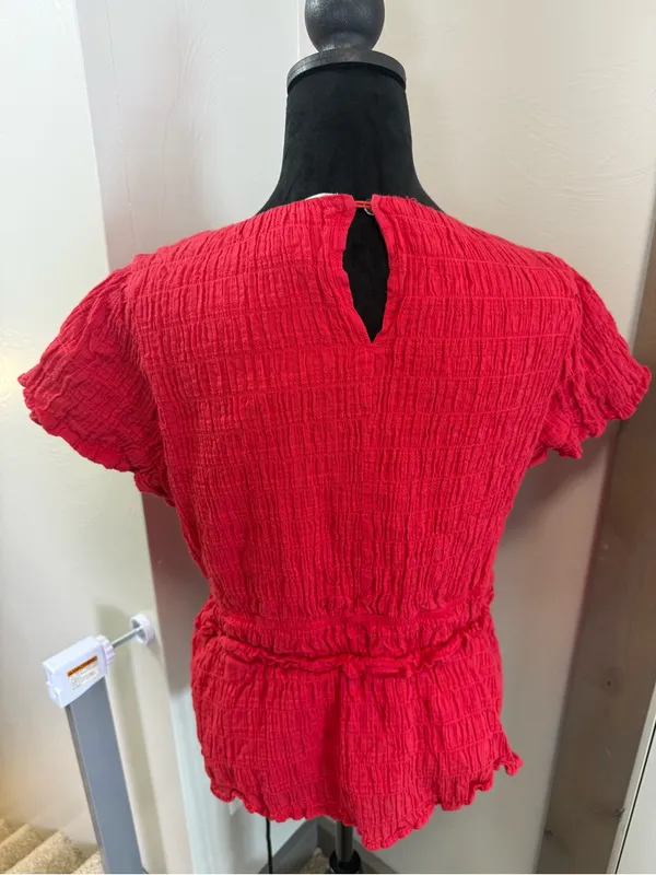 Bohme Anya Textured Short Sleeve Blouse Top Red‎ Cotton Scoop Neck Tie Detail - Image 8