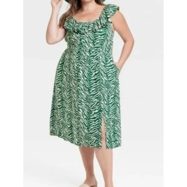 NWT Ava Viv Green Zebra Print Midi Dress Smocked Bodice‎ Ruffle 1X - Image 7
