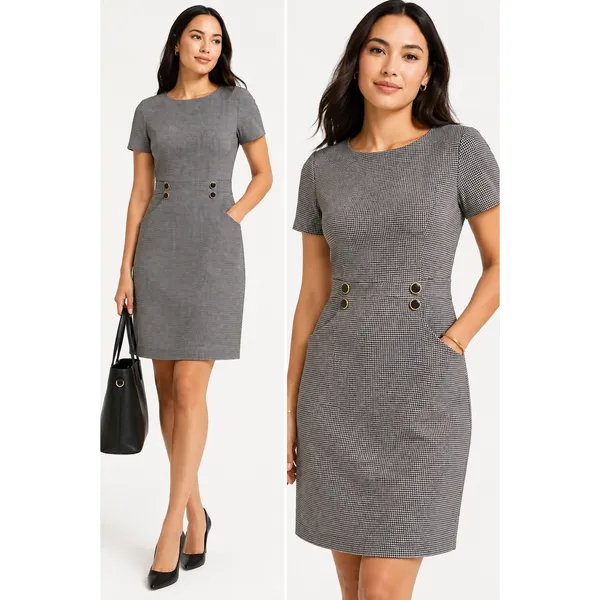Ann Taylor NWT Houndstooth Sheath Dress Short Sleeve Button Detail Black White 6 - Image 2