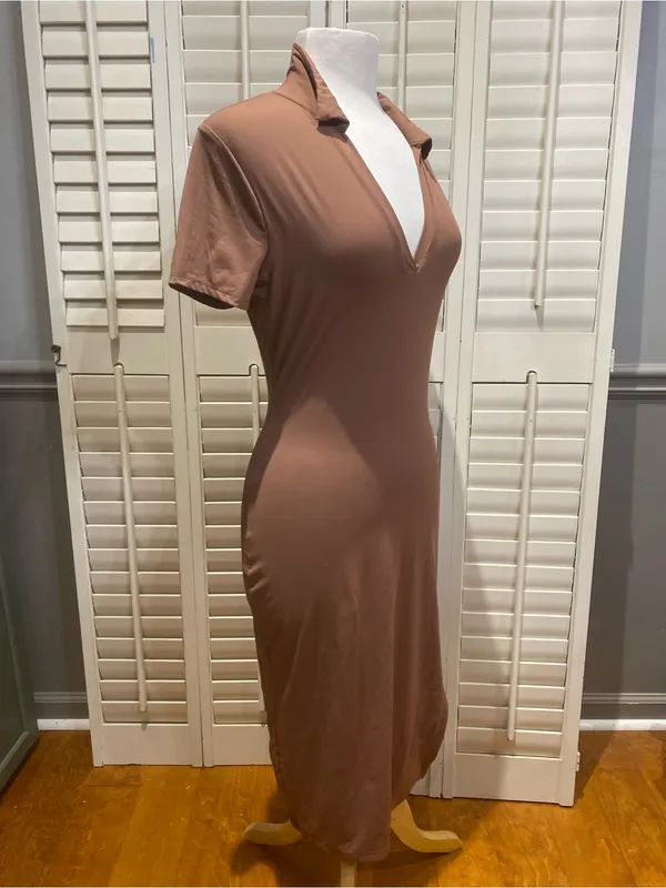 Haute Monde Chocolate Brown Polo Collar Maxi Dress - Image 5