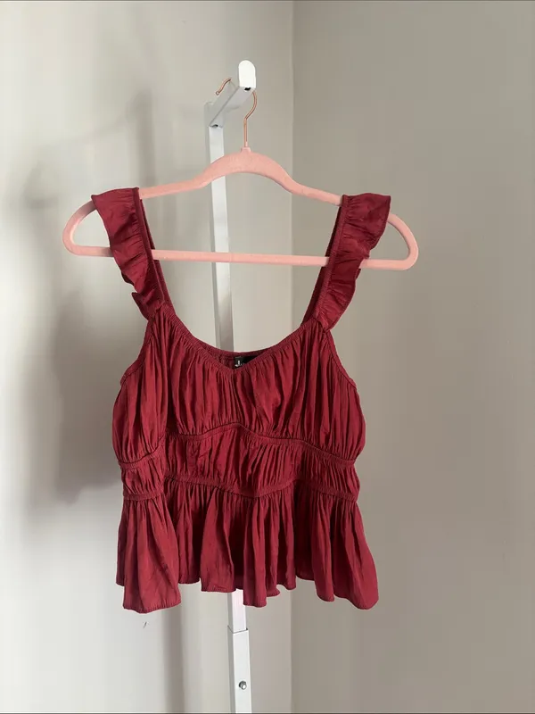 Lulu’s Burgundy Ruffle Peplum Crop Top Women’s Size Large Boho Tank Flowy Silky - Image 2