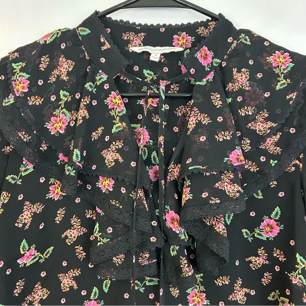 Rebecca Minkoff Devy Black/Pink Floral Ruffle Bell Sleeve Blouse Size Small - Image 6