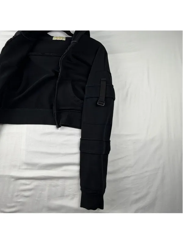 Qinsen Cropped Zip Up Hoodie XS Black Cargo Sleeve Utility Jacket Y2K Streetwear - Image 7