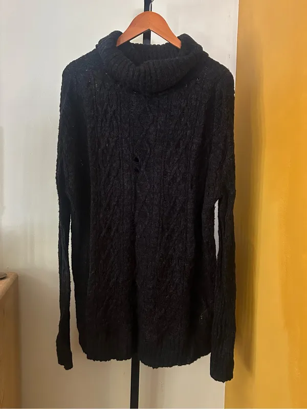 Free People Distressed Cable Knit Turtleneck Sweater Oversized Cowl Black Small‎ - Image 5