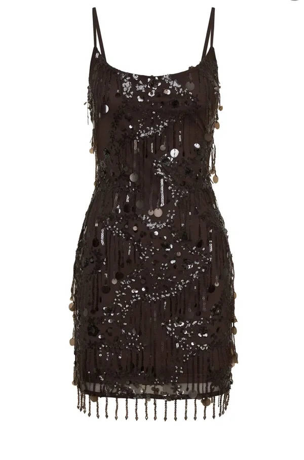 White Fox Decadent Daze Beaded Mini Dress Chocolate - Image 4