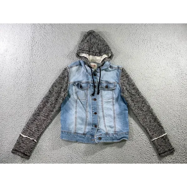 Denim Hoodie Jacket Women M Blue Gray Mixed‎ Media Grunge Street Indie Outerwear - Image 2