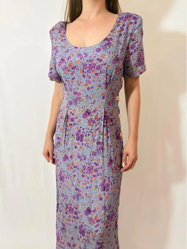 Retro Light Purple Floral Vintage Rayon Prairie Picnic Casual Dres - Image 5
