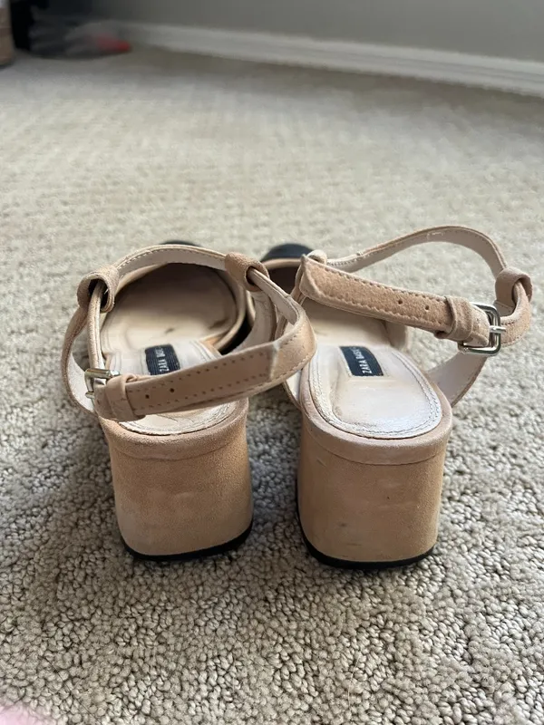 Zara Leather Slingback Block Heel Pump Strappy Beige Black Designer Size 6.5 - Image 5