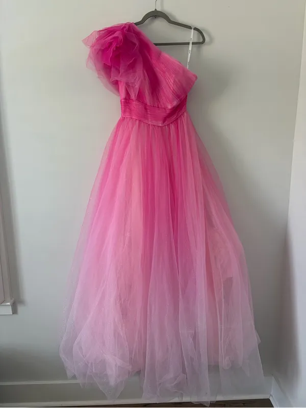 MAC DUGGAL 20377 Hot Pink Ombre Glitter One Shoulder Tulle Ball Gown Prom 6 - Image 2