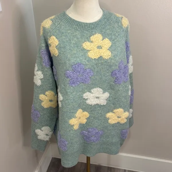 Adora Floral Knit Sweater Sage Green Purple Yellow 3D Flower Pullover L - Image 2