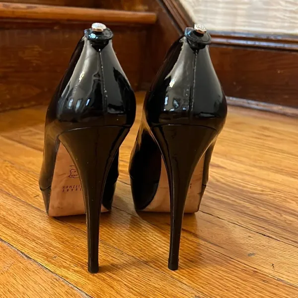 Stuart Weitzman Black‎ Patent Leather Platform Peep Toe Pumps Size 7M - Image 6