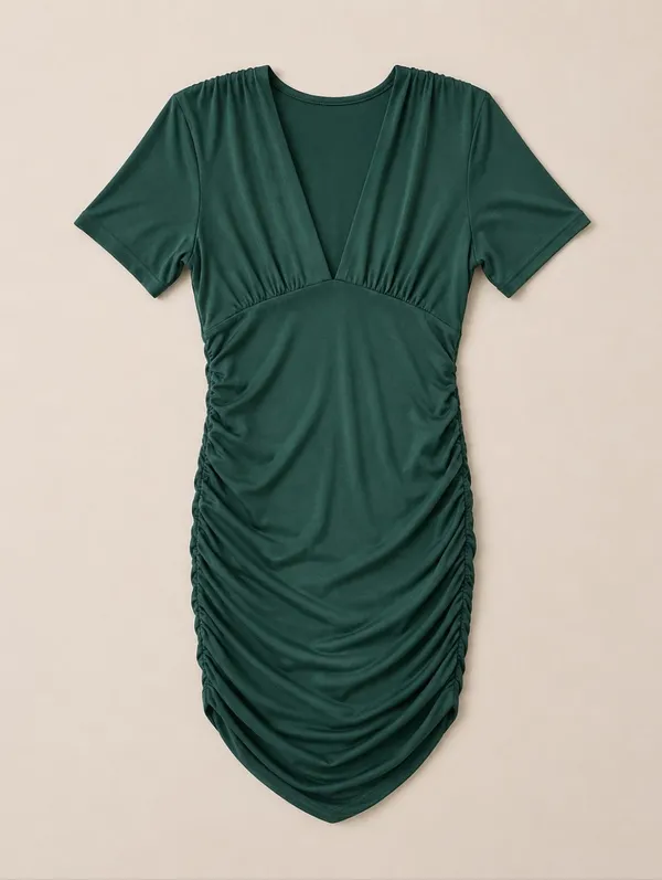 Plunging Ruched Bodycon Mini Dress Emerald Green Deep V Neck Short Sleeve Medium - Image 2
