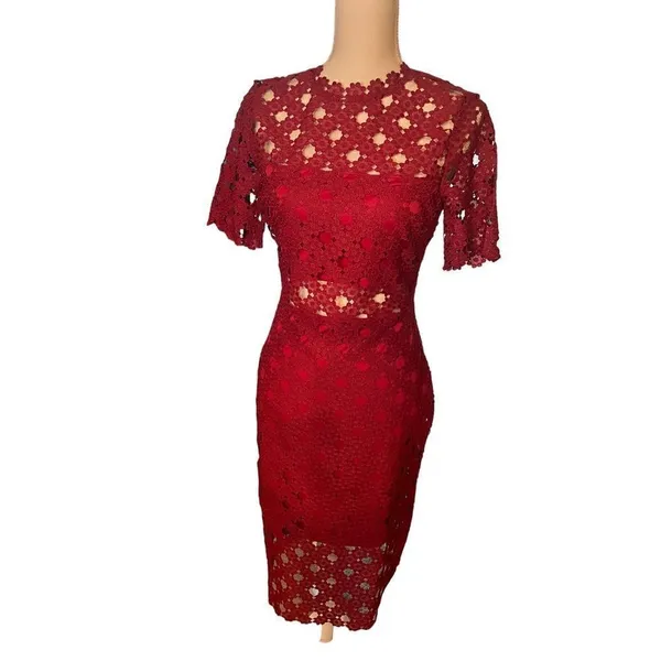 Lulus Burgundy Crochet Laced Bodycon Midi Dress Size S/ Party/ Cocktail/Formal - Image 5