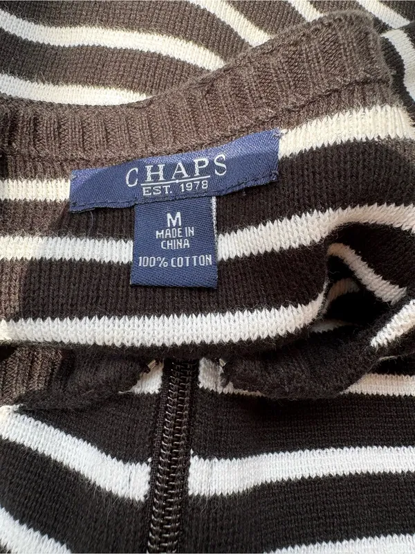 Chaps 100% Cotton Workwear Black & White Striped Zip-Front Cardigan Size M - Image 6