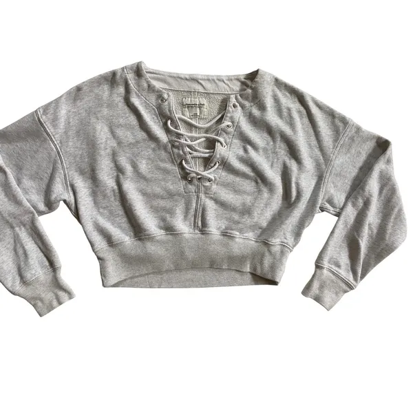 Abercrombie Fitch Lace Up Cropped Sweatshirt Light Grey XXS Soft‎ A&F Collection - Image 4